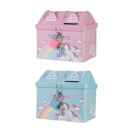 BESPORTBLE 2Pcs Unicorn Piggy Bank House Saving Pot Money Coin Bank Metal Coin Box with Lock for Kids Toddler Children Birthday Present, 11.5X10.5cm