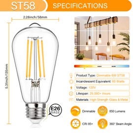 MAXvolador Vintage LED Edison Bulb Dimmable 60W Equivalent 850 Lumens, 6W Edison Light Bulbs 2700K, Antique ST58 LED Filament Bulb E26 Base, Pack of 4