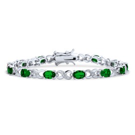 9CT Simulated Green Emerald Cubic Zirconia AAA Oval CZ Romantic Love Knot Symbol Infinity Milgrain Tennis Bracelet for Women Silver Plated