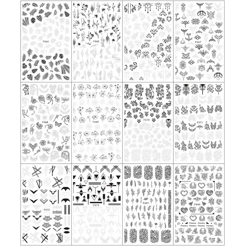 LANODO 12 Pcs Nail Stickers, Black, Gray, Nail Seal, Plant,