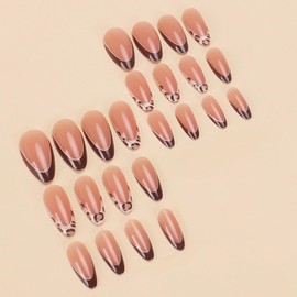 MERVF Almond Press on Nails Medium Fake Nails Burgundy Leopard Print French Tip Glue on Nails with Cheetah Design Fall Stiletto Acrylic False Nails Press ons Glossy 24pcs