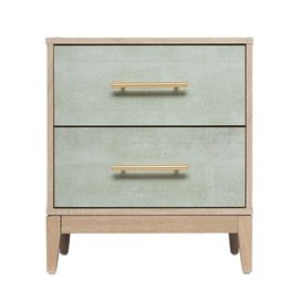 Sango Shagreen 2-Drawer Nightstand, Modern Natural Wood Bedside Table with Gray Faux Shagreen Drawer Fronts, Brass Handles, Sturdy Legs, Elegant Storage for Contemporary & Luxury Homes