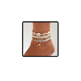 Jascatin Boho Anklet Multilayer Shell Design White Gold Stars Beads Summer Elastic Foot Jewelry for Women 7 Pieces One Size Metal No Gemstone, Unit size, Metal, No Gemstone