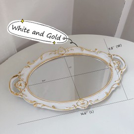 Schones Geschaft Decorative Mirror Tray, Makeup Jewelry Perfume Organizer, Vintage Oval Display and Serving Tray for Bedroom Living-Room Dresser Decor (14.6”x 9.8”) (White - Oval)