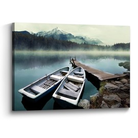 Color Play Lake Canvas Wall Art Picture: Nature Scene Landscape Print Pier Scenery Painting Decor Boat Modern Scenic Forest Mountain Artwork for Living Room Bedroom Bathroom Office 24x16 Inch