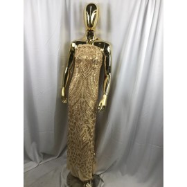 NEW CREATIONS FABRIC AND FOAM INC MATT GOLD GEOMETRIC DESIGN 4 WAY STRETCH MESH EMBROIDER WITH SEQUINS-BY YARD.