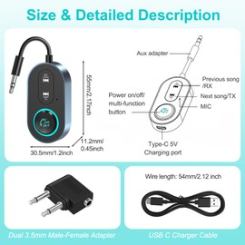 Bluetooth 5.3 Transmitter Receiver, 2 in 1 Wireless Aux Bluetooth Adapter, 3.5mm Airplane B-luetooth Adapter Compatible with 2 AirPods & Wireless Headphones, for TV,Airplane,Headphone,Airpods,Car,Gym