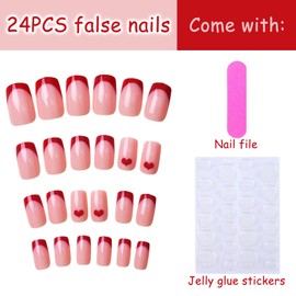 24pcs French False Nails, Stick on Nail, Press on Nail Removable, Heart Artificial Nails, Fake Nails Women Girls Nails Art Accessories, with Jelly Glue, Nail File, French Design for Valentine's Day