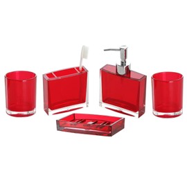 TUANYO Red Bathroom Accessories Set - 5 Pcs Acrylic Bathroom Accessory Set - Toothbrush Holder, 2 Toothbrush Cups,soap Dispenser, soap Dish for Bathroom(Red)