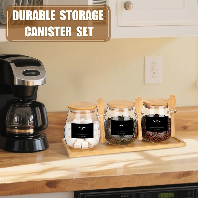 Suclain 3 Pcs Glass Coffee Container with Wooden Lid Spoon