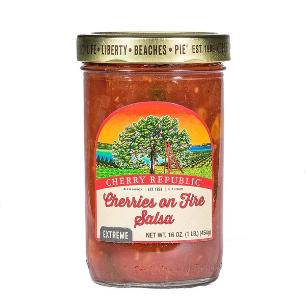Cherry Republic Cherry on Fire Salsa - Extremely Hot Chunky Spicy Habanero High Heat Bold Flavor Sauce (16 Oz Jar)