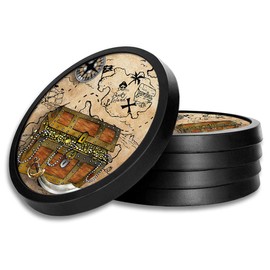 Silicone Non-Slip Drink Coasters with Removable Printed Absorbent Felt Pad - Set of 4 - Treasure Chest