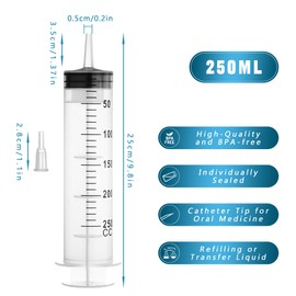 250ml Large Syringes, Individually Sterile Sealed Plastic Syringe for Liquid, Scientific Labs, Measurement, Pet Feeding ,Ink Refilling ,Oil or Glue Applicator(1 Pack)