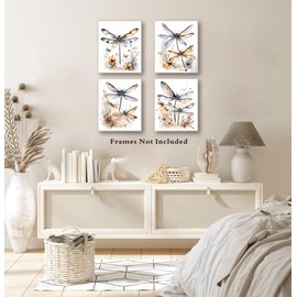 Dragonfly Wall Art,Watercolor Dragonfly Prints Set of 4 Colorful Insect Wall Art Prints,Boho Dragonfly Floral Pictures Artwork Printing for Bathroom Living Room Nursery Decor (8''x10''Unframed)