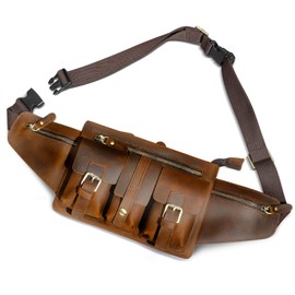 Handadsume Genuine Leather Hiking Riding Travel Fanny Pack Waist Bag Small Phone Bag for Men Women 380, 381 Brown, Classic hip backpack with small chest bag.