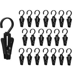 20 PCS Laundry Hooks with Clips，Clothes pins，360° Rotating Hook Clips, Hangers Clip Socks Curtain Towels Bathroom Closet Kitchen Office (Black)