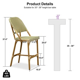 PURPLE LEAF French Country Outdoor Counter Height Bar Stools Set of 2 Patio Wicker 26 Inch High Bar Stool Chairs Metal Rattan Barstools with Ergonomic Backs for Balcony Garden Indoor Kitchen, Yellow