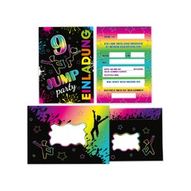 Limonia 12 Invitations with 12 Envelopes for 9th Birthday Jump-Party Trampoline Neon Invitation Set Birthday Girls Children Boys Boys Teens