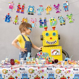 Robot Birthday Party Decoration - Include Pattern Banner, Tablecloth, Plates, Napkins, Tableware, Robot Theme Party Supplies for Boys Girls Kids Baby Shower, Serves 20