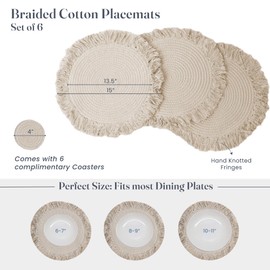 The Fine Living Co. Braided Cotton Placemats (Set of 6, 15 Inches) with 6-Free Coasters - Round Table Mats, Washable Heat-Resistant - A for Fall Season Gatherings and Cozy Home Decor