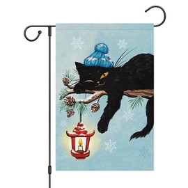 Louise Maelys Welcome Winter Garden Flag 12x18 Double Sided, Burlap Small Snow Garden Yard House Flags with Black Cat for Winter Outside Outdoor Decoration (ONLY FLAG)