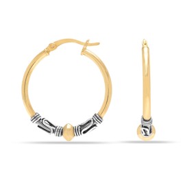 LeCalla 925 Sterling Silver Two-Tone Beaded Bohemian Bali Tribal Click-Top Hoop Earrings for Teen Women 25mm