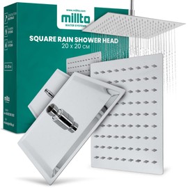 Millto Square Stainless Steel Shower Head Rain Shower 20 x 20 Built-in Shower Heads, Rain Shower Head, Large 8 Inch Shower Head, Shower Fittings, Square Shower Head, Chrome, Ultra Thin Shower Fitting,
