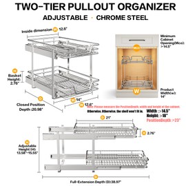 QUYUWU 2-Tier Kitchen Cabinet Pull Out Shelf and Drawer Organizer Slide Out Pantry Storaqe Basket in Multiple Sizes (14" W x 21" D)