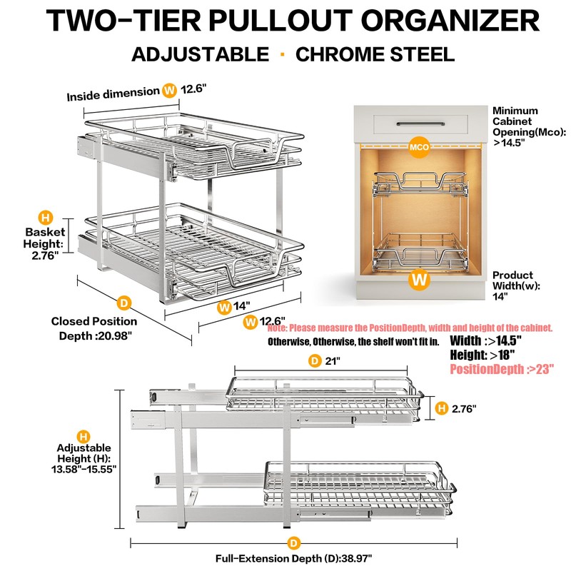 QUYUWU 2-Tier Kitchen Cabinet Pull Out Shelf and Drawer Organizer