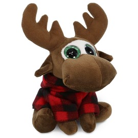 DolliBu Sparkle Eyes Moose Stuffed Animal with Plaid Red Hoodie Sweater and Personalization - Cute Moose Plush Lumberjack Stuffed Toy with Plaid Jacket Dress Up for Christmas, Holiday, Winter - 6 Inch