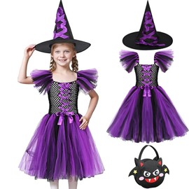 Antsparty Witch Costume Girls, Children's Carnival Witch Costume with Witch Hat Handbag, Wizard Fancy Dress Cosplay Costume Carnival Party Witch Dress for Girls