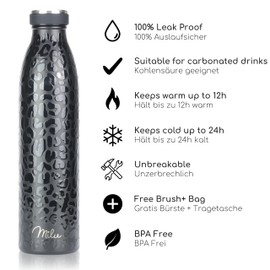 Milu Stainless Steel Drinking Bottle 350 ml, 500 ml, 750 ml, 1 L, 1.5 L - Thermos Flask for Children Adults Leak-Proof Insulated Flask Suitable for Carbonated Drinks - Includes Cleaning Brush (Black