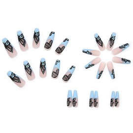 Press on Nails Coffin Super Long Ballerina, 24 PCS Full Cover Reusable False Fingernails with Sticky Tabs, Artificial Acrylic Fake Nails with Black Butterfly Designs, Stick on Nails Square for Women