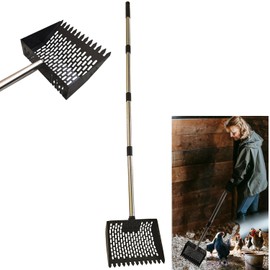 2 in1 Chicken Poop Scooper & Rake 10 Inch Chicken coop Scooper with Ergonomic Grip Adjustable Long Handle (22 to 62") Sifting Shovel Stainless Steel Metal Chicken coop Scoop