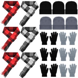 Mepase 24 Pcs Winter Warm Sets Knitted Beanie Hat Buffalo Plaid Scarf Touch Screen Gloves Earmuff for Men Women (Simple Colors)