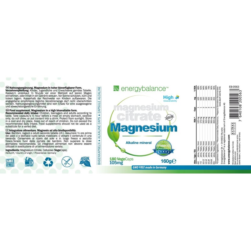 Magnesium Citrate 145mg - 100% Pure No Additives - High