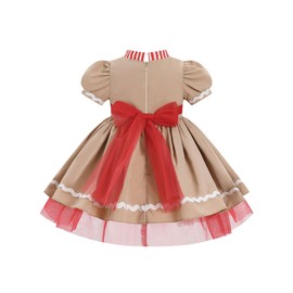 FYMNSI Christmas Dresses For Girls Toddler Baby Christmas Gingerbread Dress Santa Claus Short Puff Sleeve Striped Ruffle Tulle Tutu Dress and Red Sequin Bowtie Kids Birthday Party Outfits Khaki 12-18M