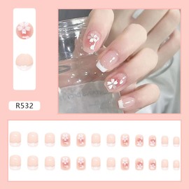 Short Length Press on Nails, Artificial Acrylic Fake Nails for Women, 24PCS Full Cover Reusable False Nails Kits, White Flowers Nails Design, Glue on Nails Fake Nails for Nail Art