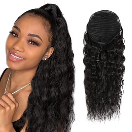 Human Hair Ponytail Extensions Corn Wave Wrap Drawstring 1 Piece, 100% Unprocessed 10A Grade Wavy Pony Tail for Women, Brazilian Water Wavy Hair Natural Color (26", Wrap Drawstring)