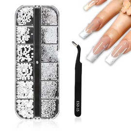 1 Box/12 Grid Nail Art Rhinestones, White Beads for Nails, Semicircular Pearl Balls, Nail Charms, Small Stainless Steel Beads, Caviar Beads, White Flatback Beads for Women, Acrylic Nail Decorations