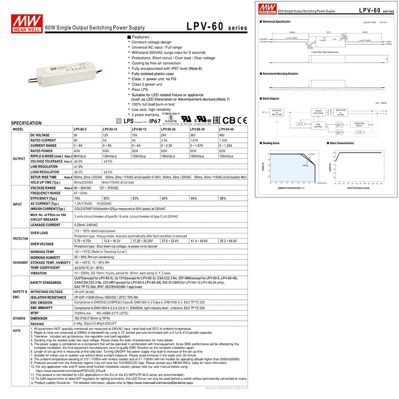 12V 60W Waterproof LED Driver & LPV-60-12 Power Adapter |