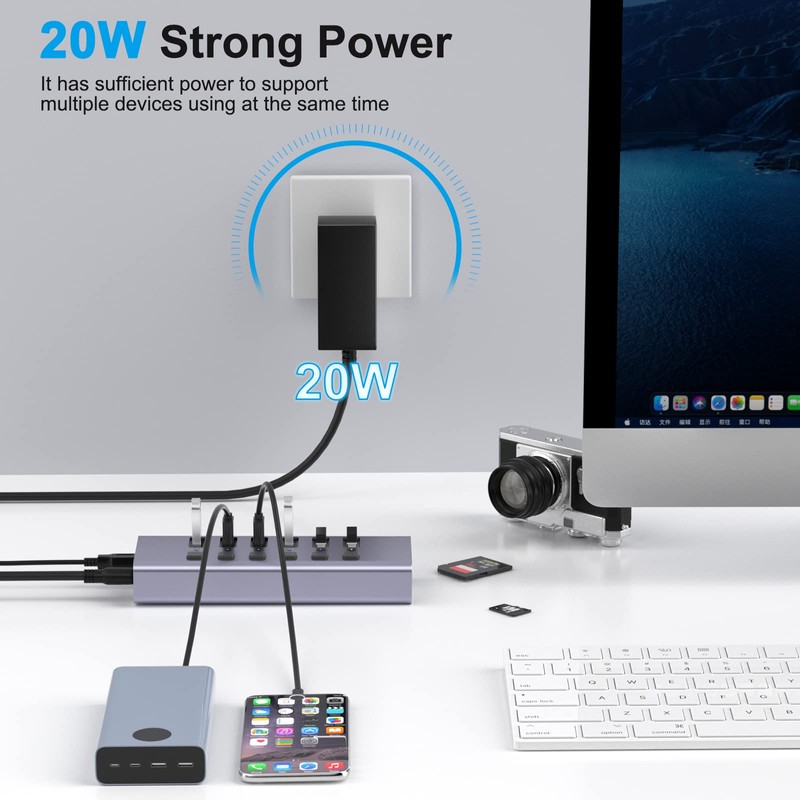 Hub USB alimentado con lector de tarjetas TF/SD, concentrador USB