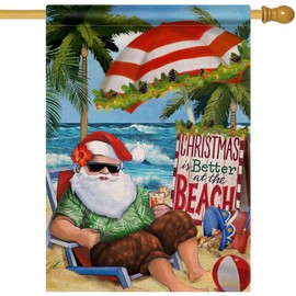 Furiaz Christmas is Better at the Beach Santa Large Decorative House Flag, Xmas Garden Yard Coastal Ocean Home Outside Decoration, Winter Holiday Nautical Sea Hawaii Outdoor Decor Double Sided 28 x 40
