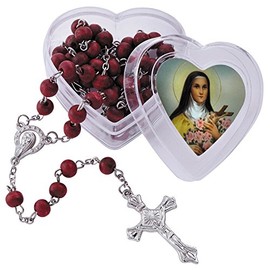Catholic Devotional Gifts St. Therese Rose Scented Rosary with Heart Case, 18 1/2 Inch