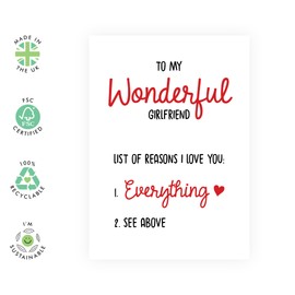 Romantic Love Card for Her - 'Girlfriend Reasons I Love You' - Gifts for Babe, Hun, Other Half, Darling, Lovebug - Valentines Day Present for Women- Comes with Fun Stickers