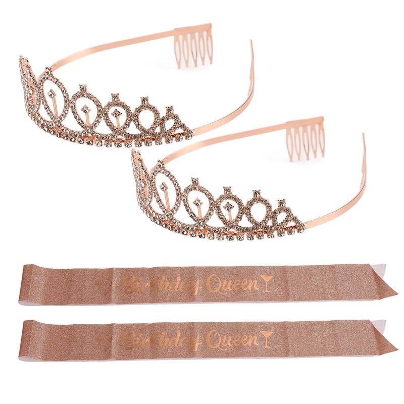 2 Sets Bridal Sash Rhinestone Tiara Kit Shiny Rose Gold