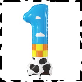 40 Inch Giant Toy Inspire Story Theme Number 1 Foil Balloons Large Number Balloons Blue Sky and White Cloud Cow Cartoon Birthday Party Decor Favor Supplies Number 1-4 for Kids' Birthday Party
