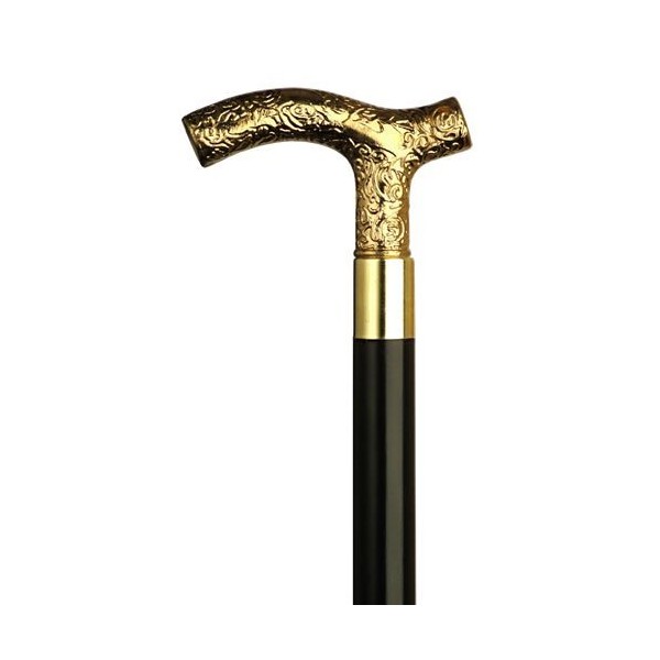 Walking Cane Lady's Gold Plastic Embossed Fritz Shaped Handle, Black Wood Shaft, 36" Long with Rubber tip.