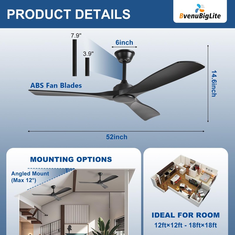 BvenuBigLite Ceiling Fan Without Light: 52 Inch Outdoor Fan for
