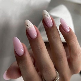 SINHOT Medium Press on Nails Almond Fake Nails Glossy Glue on Nails Pink Acrylic Nails Stiletto Artificial Nails Snowflake Stick on False Nails with Design 24 pcs